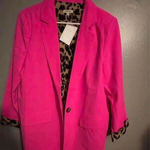 Pink Women's Blazer with Leopard Print Lining